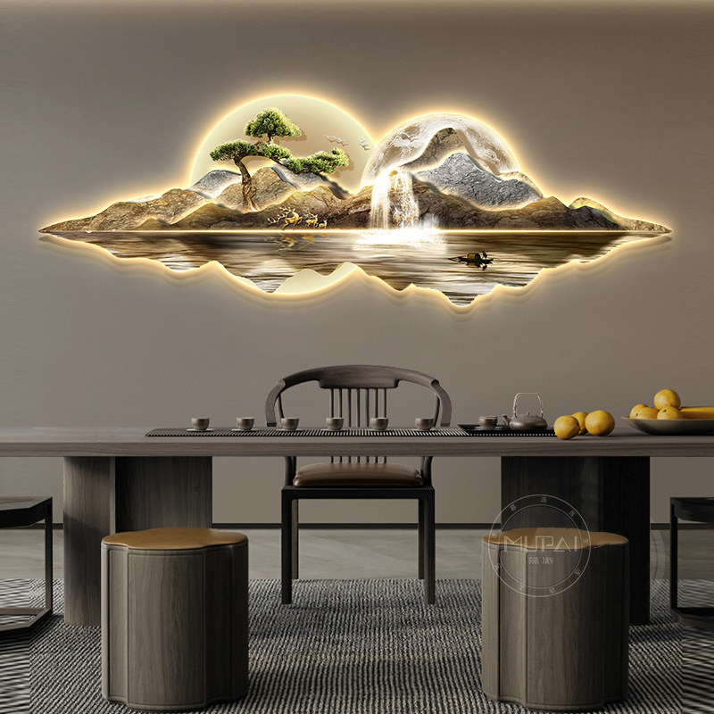 迎客松客厅装饰画新中式山水画挂画大气沙发背景墙流水生财壁画灯,家居饰品,现代装饰画,淘宝优惠券,粉丝福利购,淘宝优惠卷