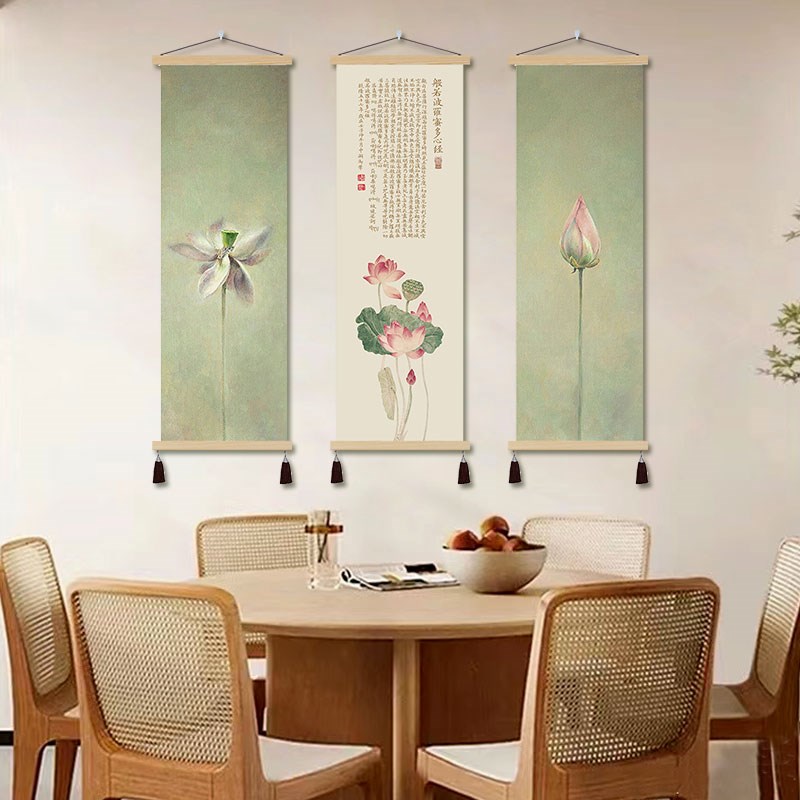 中式般若波罗蜜心经荷花办公室装饰画书房挂画布艺壁画免打孔挂布图片