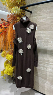 收腰显瘦高领100羊毛连衣裙S200 气质款 章海燕新款 团花系列