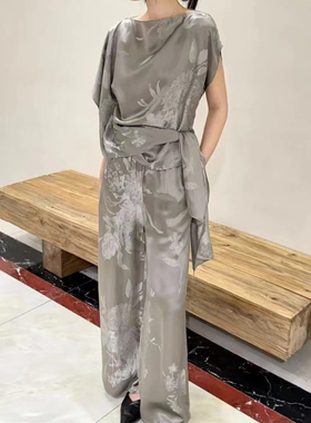 海燕家新款设计师款气质一字领收腰绑带印花套裙S1830K568好