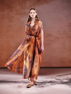 海燕家走秀款 气质大女主风衣款100桑蚕丝欧根纱长裙W1379好