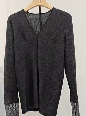 海燕家新款 显瘦柔软亲肤V领装饰扣蕾丝袖口100绵羊毛打底衫S807