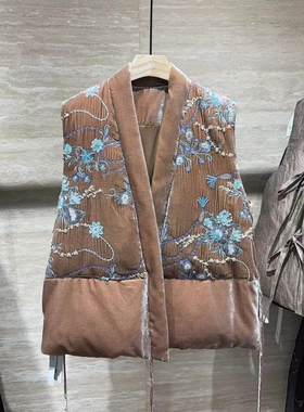 章海燕秋冬高端鹅绒系列 重工刺绣钉珠100真丝绒白鹅绒马甲R818