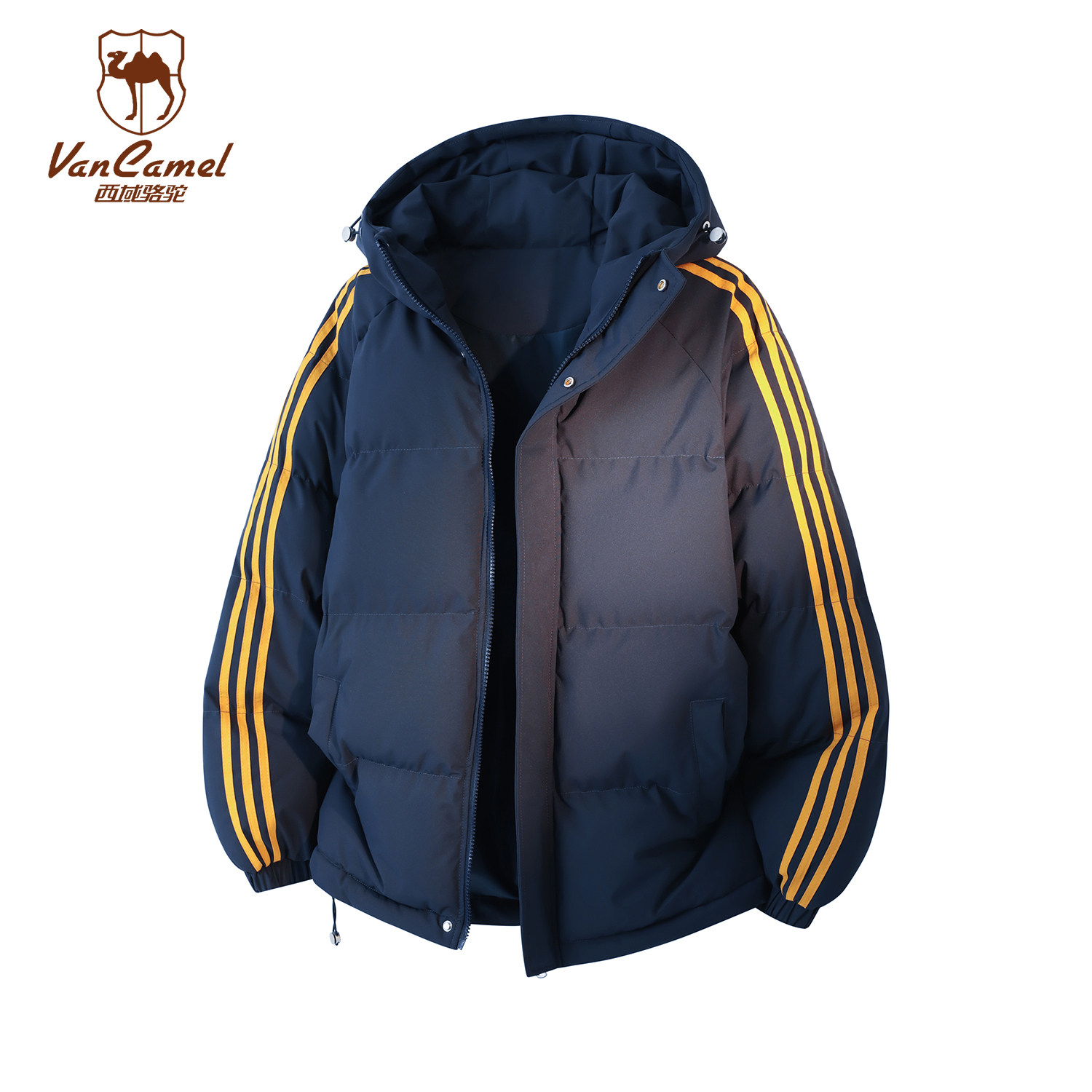 VANCAMEL西域骆驼美式条纹连帽棉服男女冬季加厚保暖宽松休闲棉衣