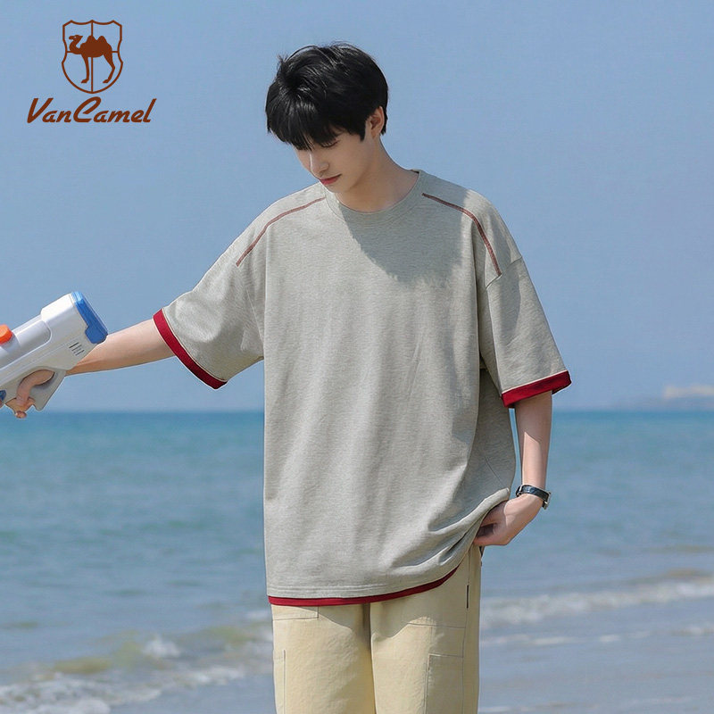 VANCAMEL/西域骆驼美式撞色重磅纯棉圆领短袖男女夏宽松休闲上衣