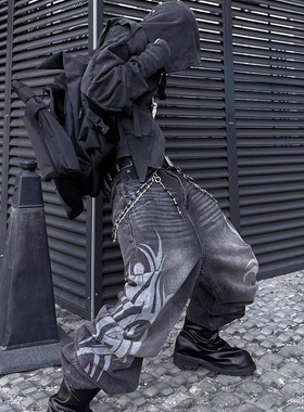 Ezwik图腾符文大印花朋克美式亚水洗宽松阔腿直简小众baggy牛仔裤