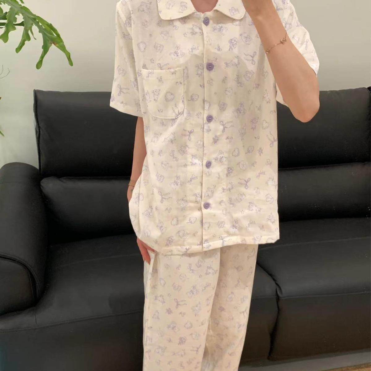 短袖长裤套装纯棉双层纱布睡衣可爱甜美家居服宽松慵懒棉纱睡衣,女士内衣/男士内衣/家居服,睡袍/浴袍,淘宝优惠券,粉丝福利购,淘宝优惠卷