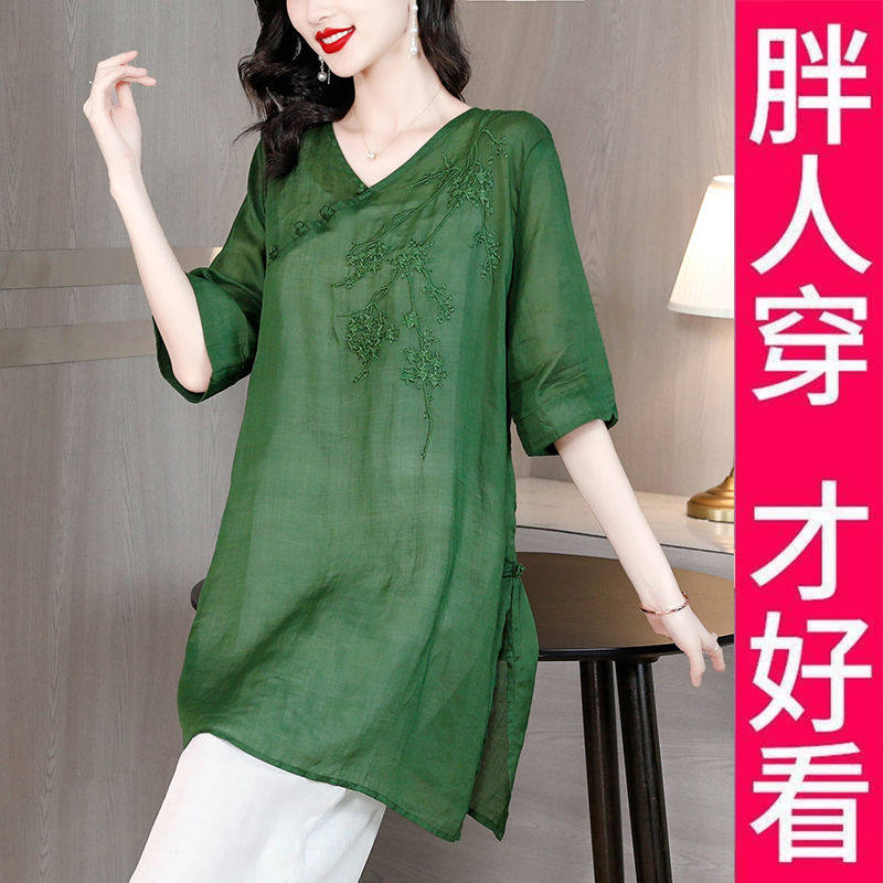 200斤自制大码夏装盘扣苎麻上衣女休闲时尚中长款v领刺绣棉麻衬衫