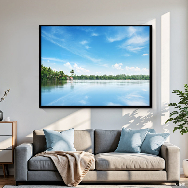 平静湖水招财客厅公司办公室装饰画蓝天白云湖面风景油画餐厅挂画