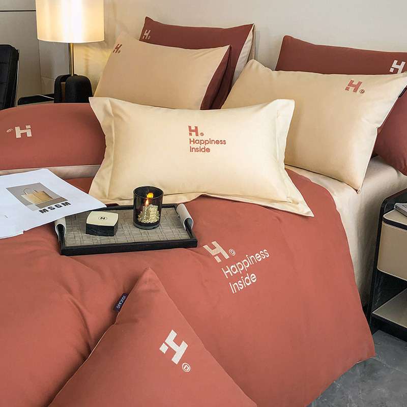 母婴级100支加厚全棉磨毛四件套长绒棉字母刺绣简约纯色床上用品