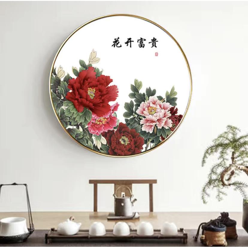 牡丹花圆形装饰画新中式花开富贵金属外框挂画好寓意茶室玄关油画图片