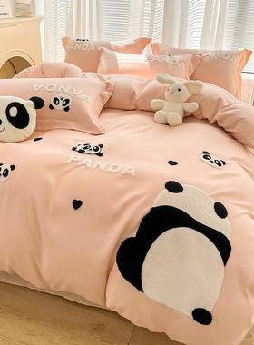 韩版卡通四件套床上用品水洗棉床单被套可爱床笠毛巾绣宿舍三件套