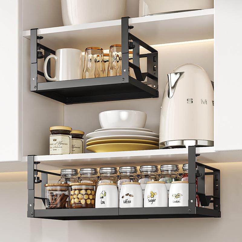 厨房置物架橱柜内分层纸巾吊柜下可伸缩保鲜膜调味料免打孔挂篮子