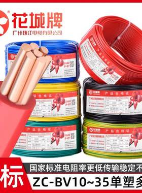 广州珠江电缆ZC-BV10/16/25/50平方纯铜芯阻燃护套绝缘单塑硬电线