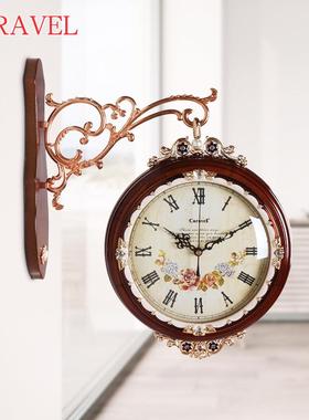 欧式田园双面钟客厅挂钟两面钟静音创意镶钻时钟现代石英钟