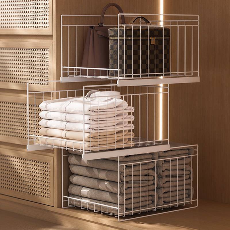 衣柜收纳分层隔板抽屉式衣橱隔断衣服抽拉篮金属柜内部置物架