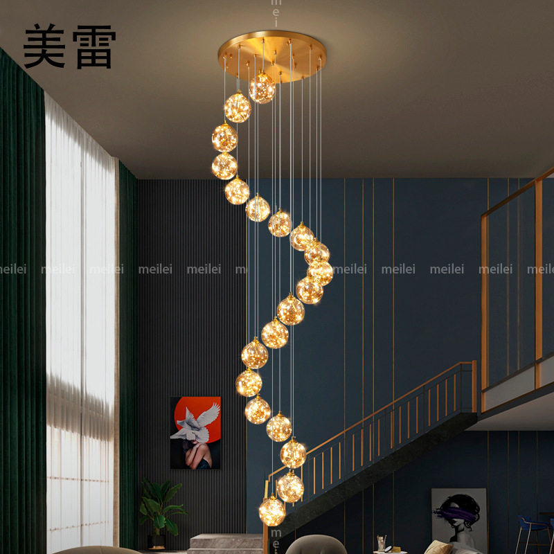 楼梯吊灯长吊灯别墅中空客厅灯全铜轻奢led极简旋转复式楼梯灯具
