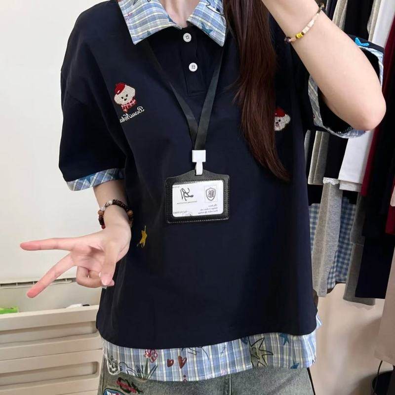 美式重工拼接披肩刺绣纯棉短袖TT恤