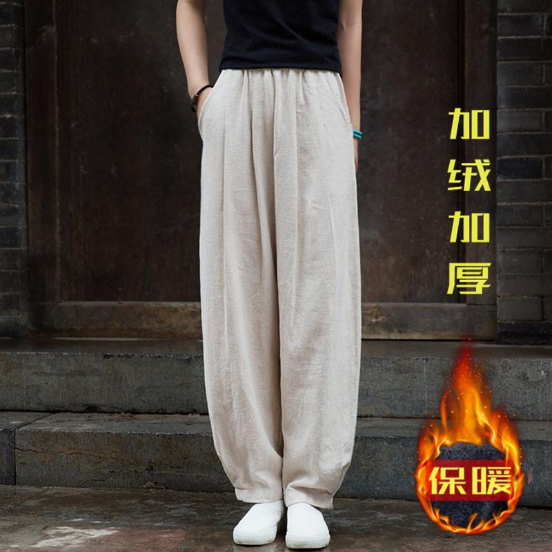 2025春新款棉麻女装文艺砂洗宽松显瘦加绒加厚长裤苎麻灯笼裤棉裤