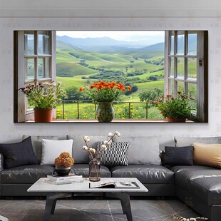 田园风花朵春暖花开假窗户风景壁画客厅房间装 饰画开窗挂画定制