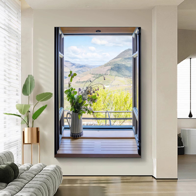 油画风春暖花开开窗风景画假窗户