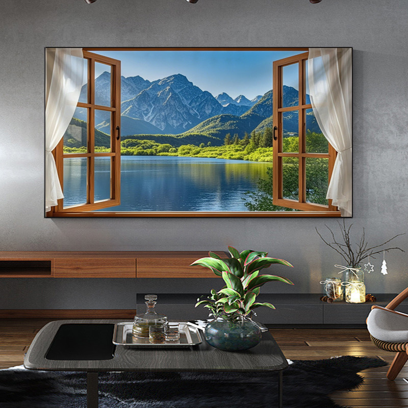 窗外山水风景背景客厅卧室墙画背景墙画布高级挂画床头壁画