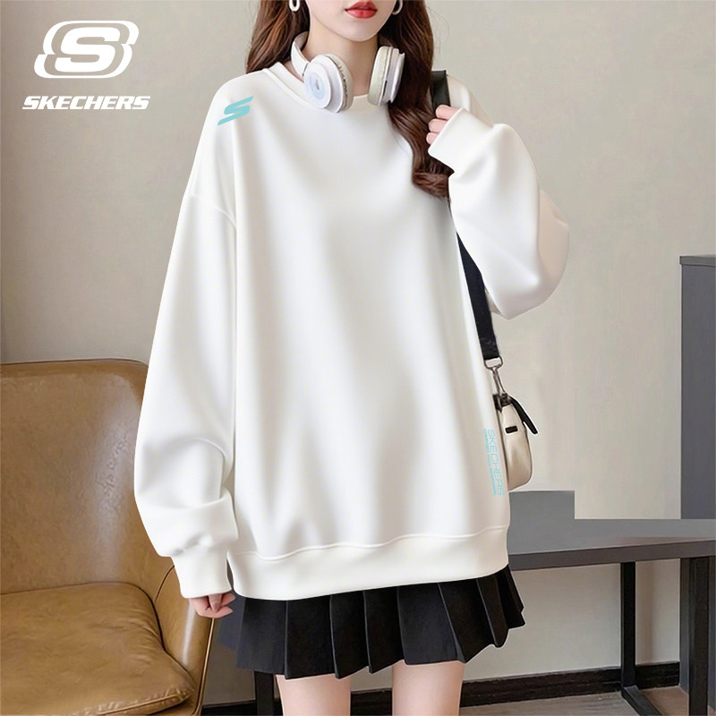 斯凯奇纯色卫衣女款白色简约长袖宽松休闲时髦洋气学生气质运动服