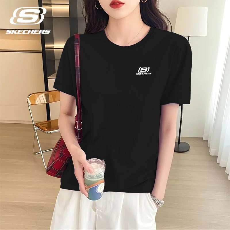 斯凯奇棉质短袖T恤女生夏季新款宽松慵懒上衣黑色高级感女装半袖