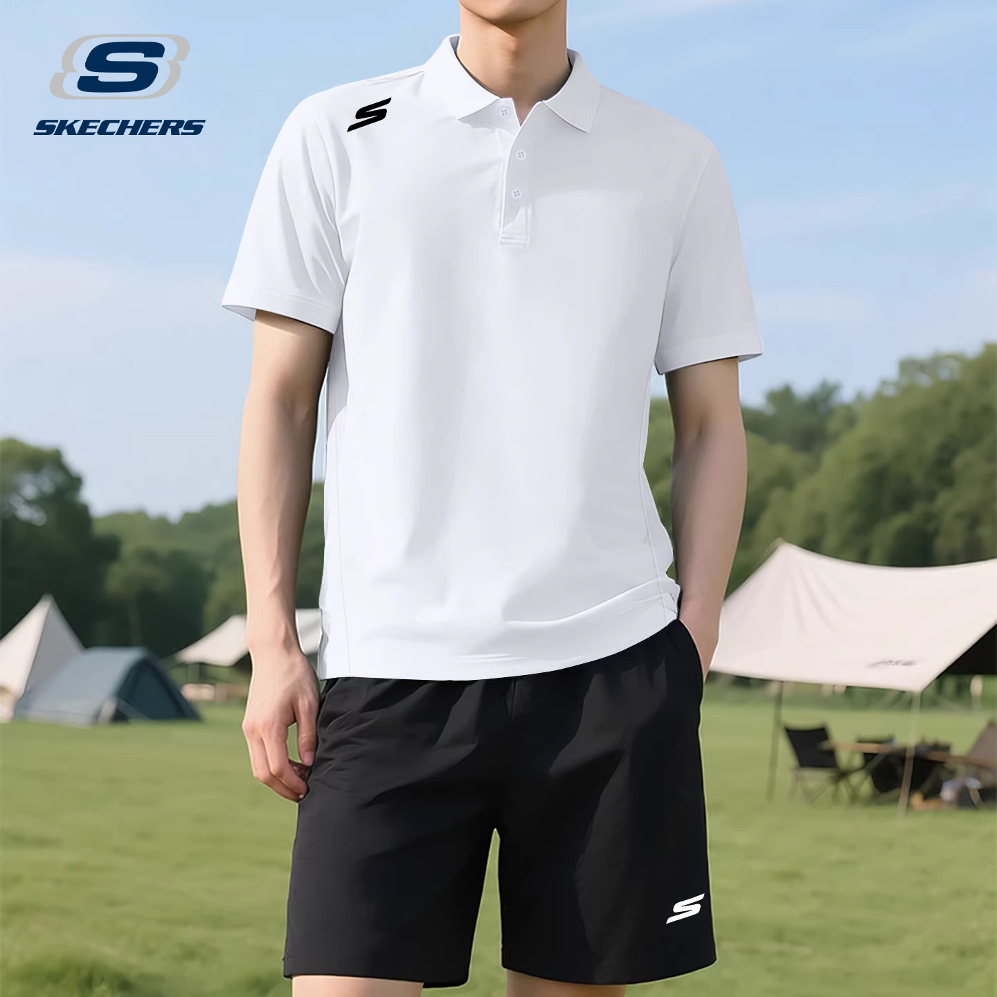 斯凯奇短袖短裤套装男士夏季2026新款polo衫T恤冰丝薄休闲运动服