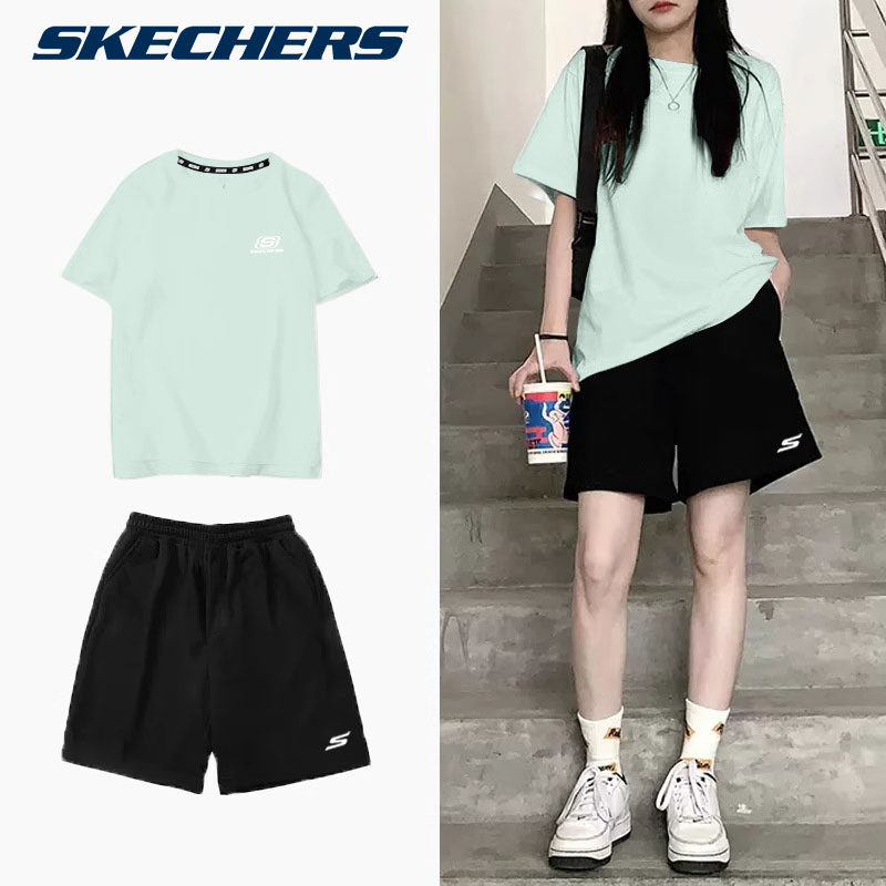 斯凯奇运动套装男女同款夏季纯棉短袖速干短裤跑步女宽松休闲套装