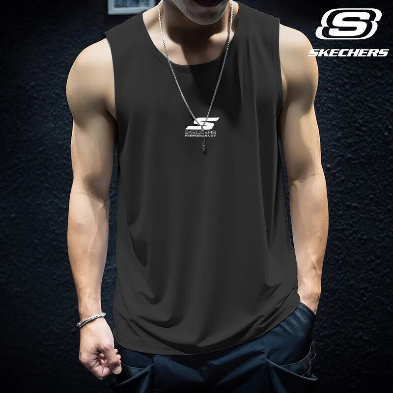 斯凯奇背心男款速干无袖t恤透气坎肩夏季高级感黑色健身运动上衣