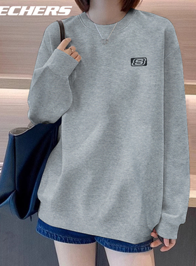 斯凯奇女款卫衣秋冬灰色加绒保暖字母印花长袖大码宽松运动套头衫