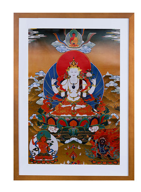 欧斯特 西藏镀金烫金客厅玄关实木装饰画四臂观音三怙主唐卡挂画