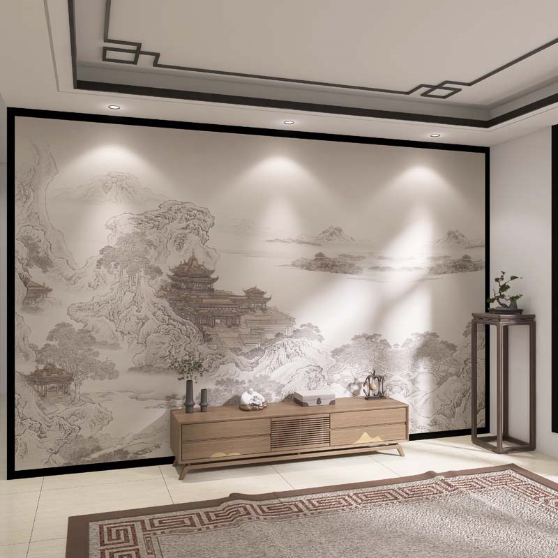热销3d立体客厅壁画新中式楼阁电视背景墙壁纸沙发装饰墙布影视墙图片