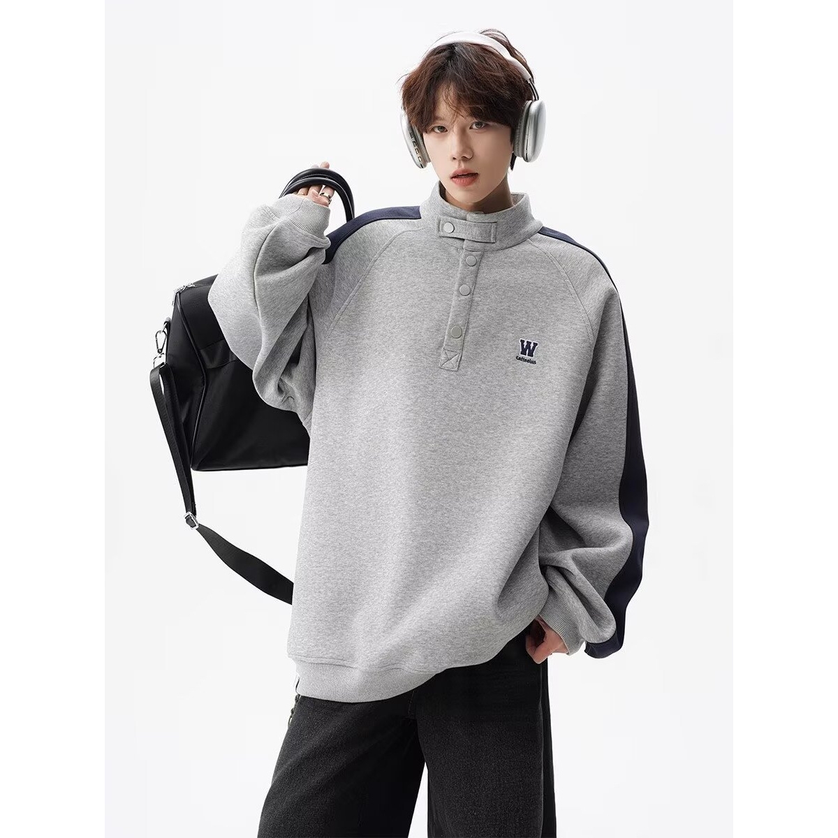 欧洲站美式潮牌设计感卫衣男秋季撞色拼接插肩袖上衣复古刺绣立领