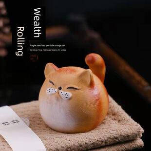宜兴原矿紫砂茶宠猫咪雕塑个性创意泥绘可爱招财猫摆件茶玩小萌猫
