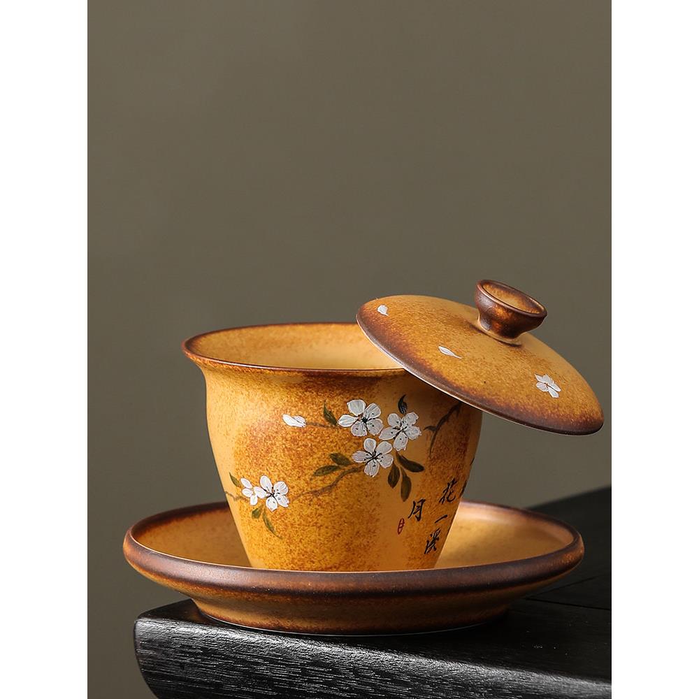 覆古柴烧手绘梨花雅韵三才盖碗可悬停旋转单个高档泡茶碗功夫茶具