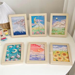 桌面卧室挂画原木框画家居装 自制小清新油画草绘实木相框摆件 饰