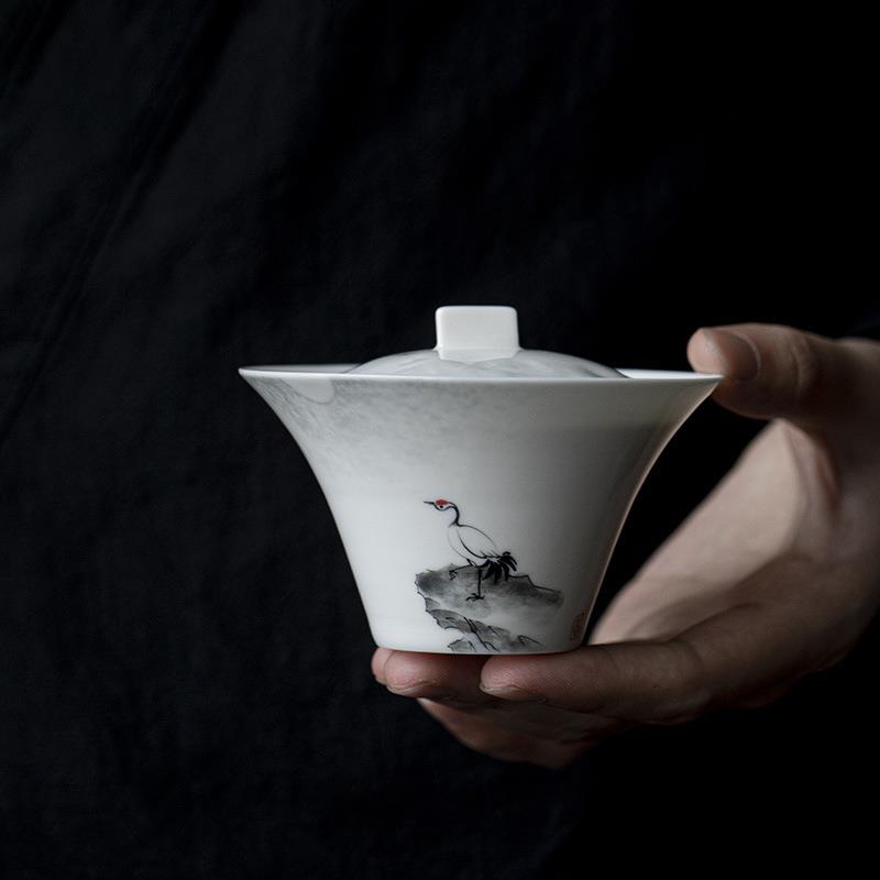 汉瓷轩水墨手绘仙鹤盖碗功夫茶具陶瓷家用泡茶碗文人薄胎手作盖碗