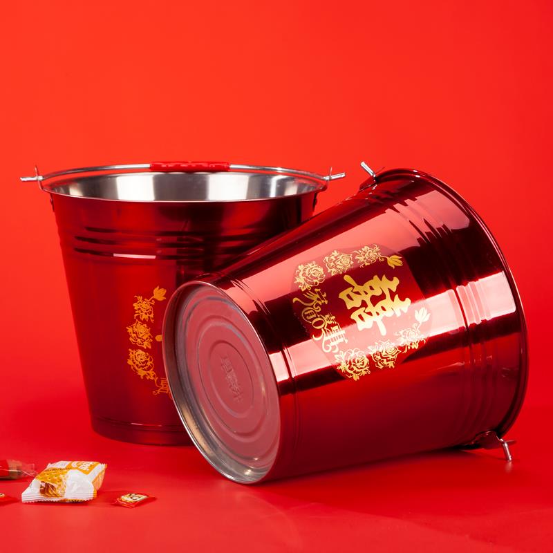 结婚红色水桶陪嫁用品不锈钢喜桶一对婚庆红桶结婚桶子加厚乔迁桶