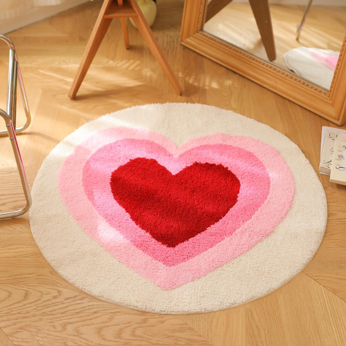 多巴胺配色桃心植绒地毯浴室垫卧室簇绒圆形地垫子客厅毛绒毯机织