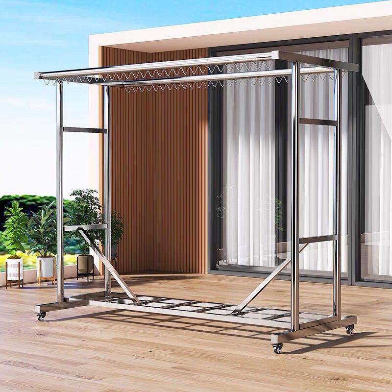 不锈钢晾衣架家用庭院移动双杆可拆带滑轮室外防风晾晒落地多功能