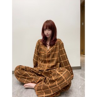 家居服套装 2025春秋季 长裤 新款 可外 休闲格纹德绒睡衣女网红开L衫