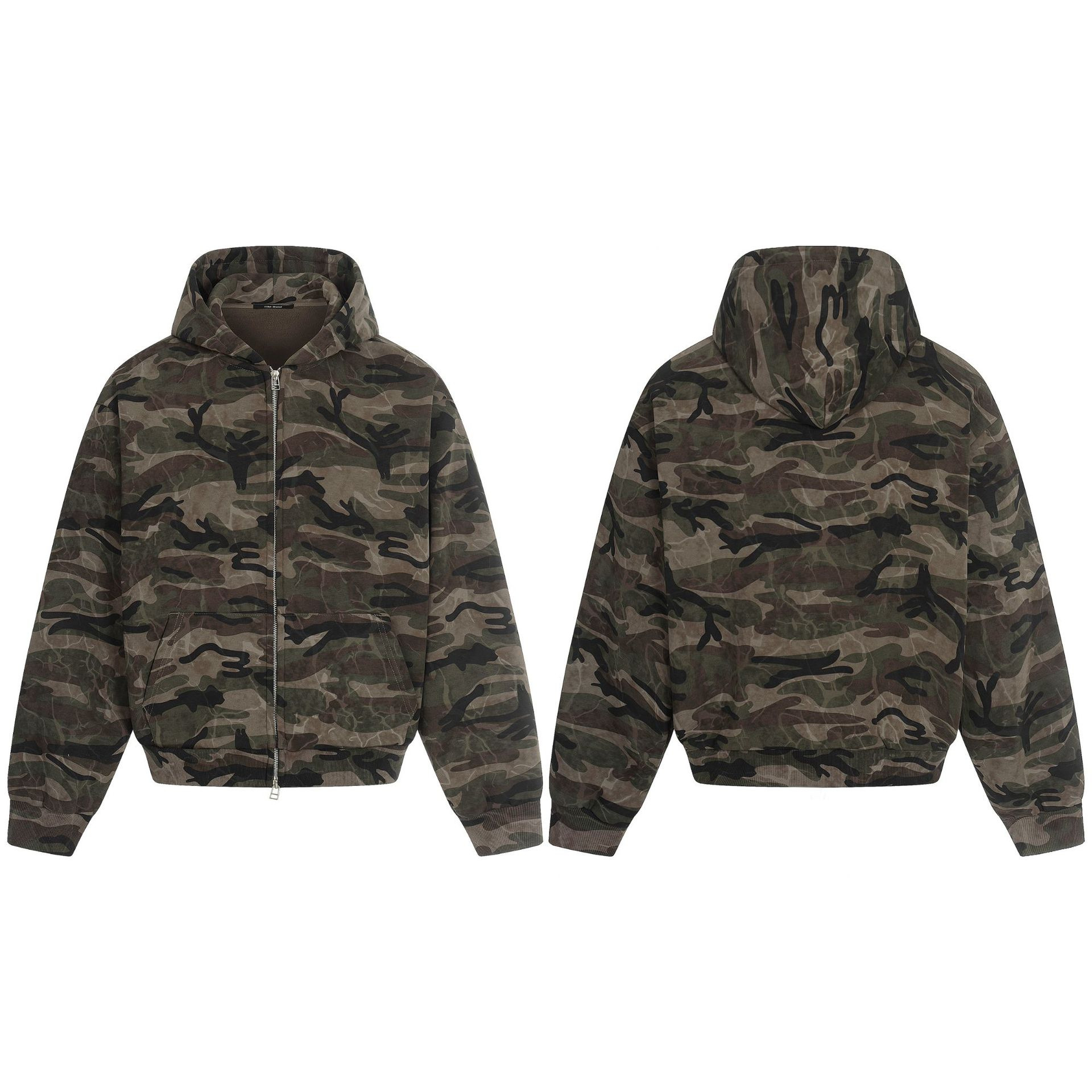 11KN美式复古迷彩连帽开衫卫衣男女廓形短宽情侣宽松拉链加绒外套