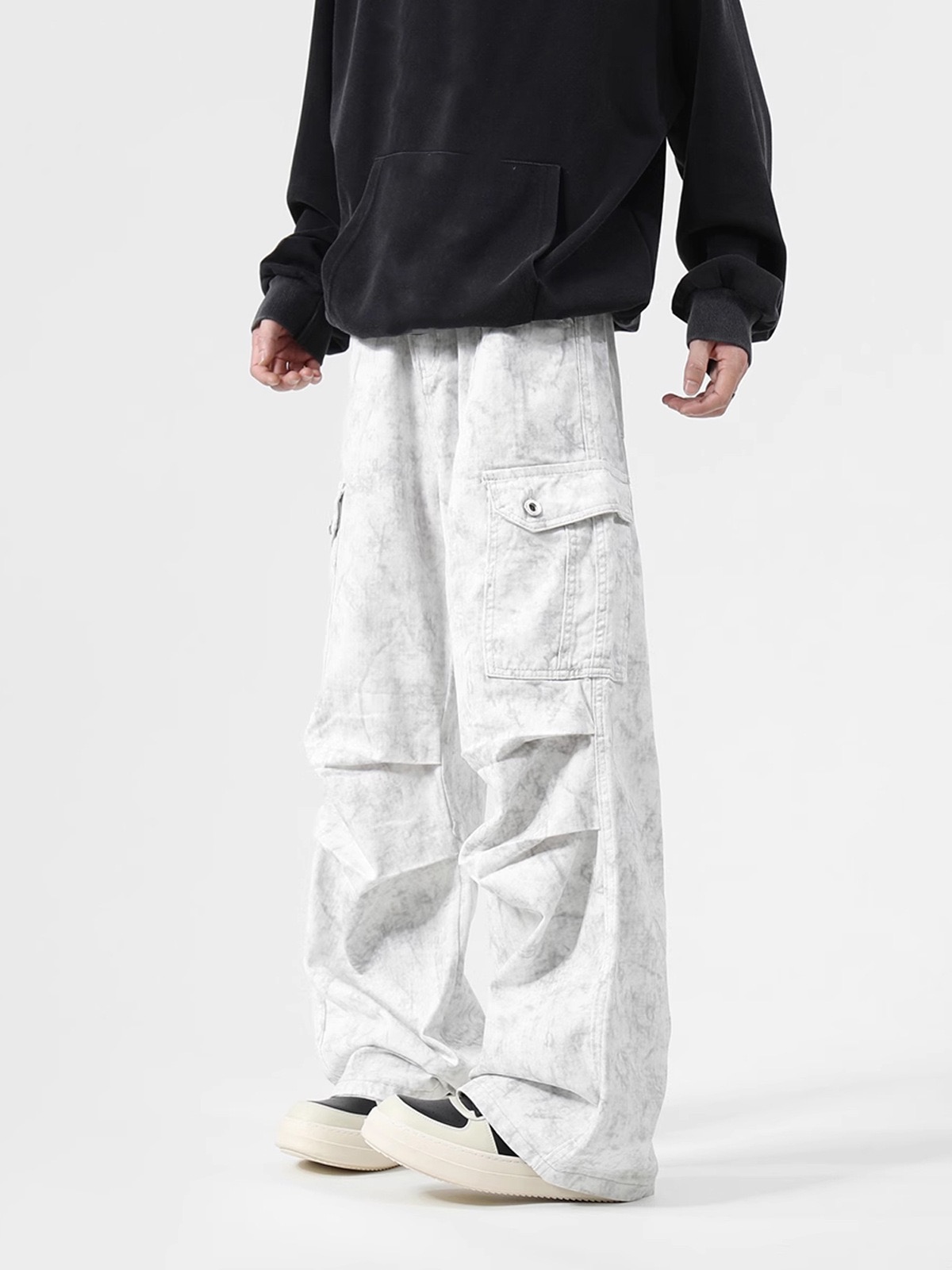 YIHOO扎染工装裤子男冬高街宽松阔腿伞兵裤潮牌褶皱脏脏休闲裤