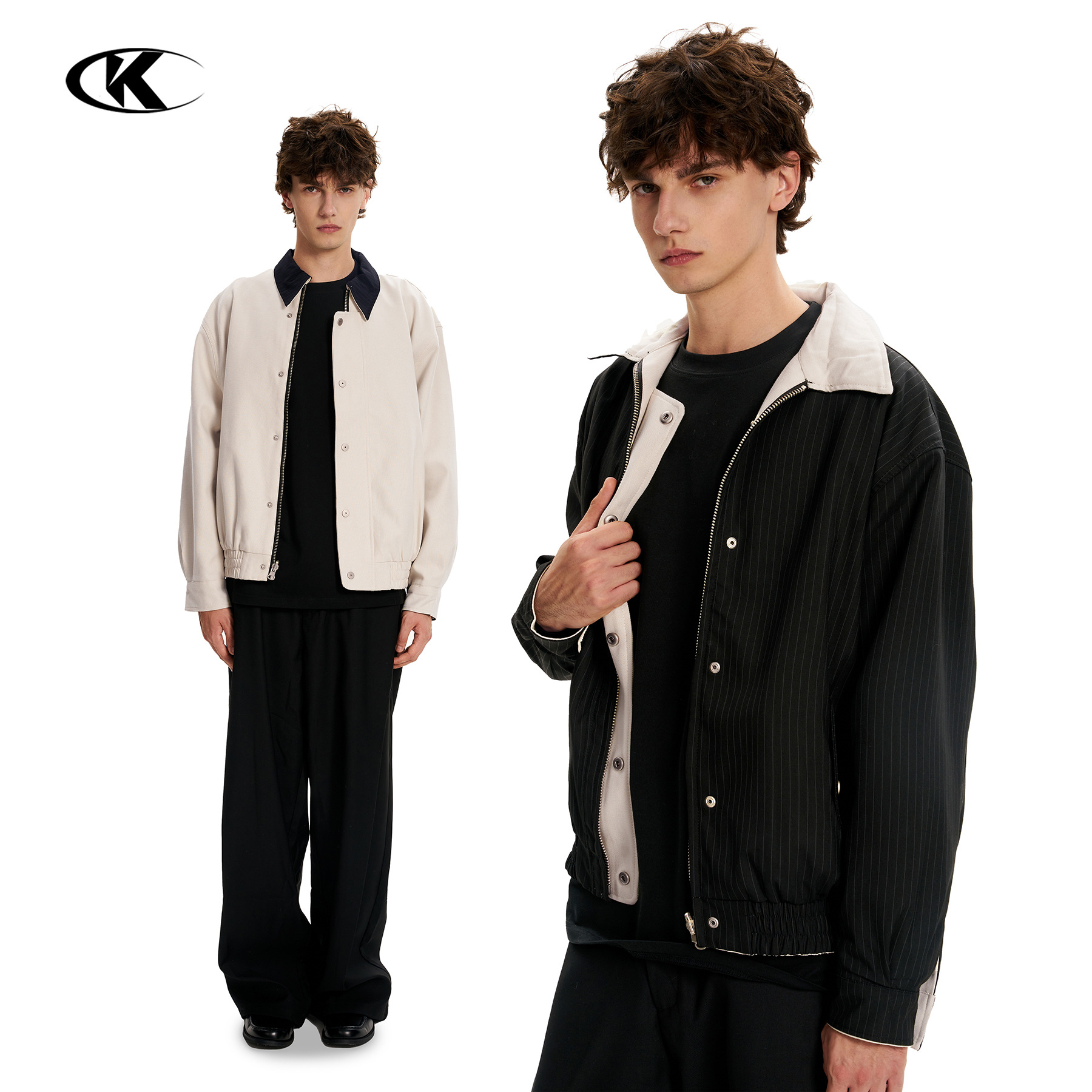 11KN美式米色黑条纹短宽夹克男女撞色领双面宽松休闲复古工装外套