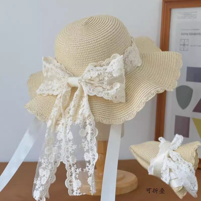 大檐蕾丝蝴蝶草帽女夏小清新复古帽子