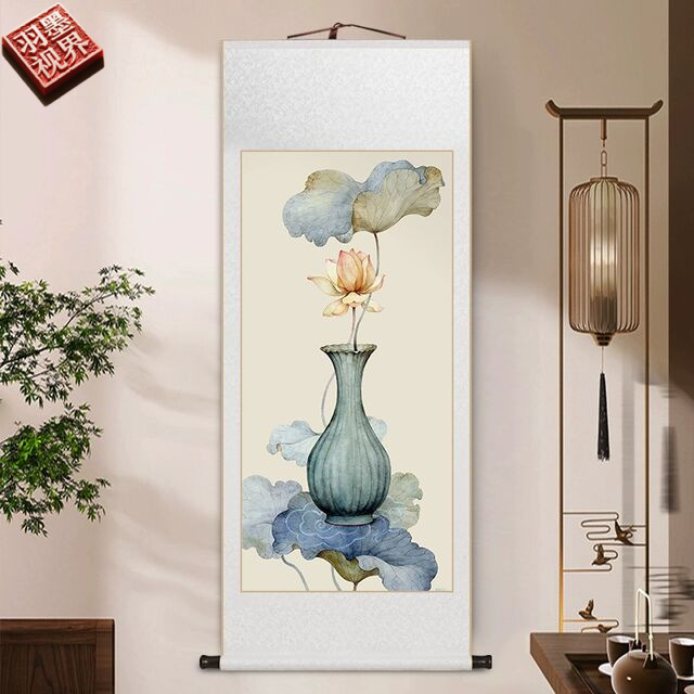 禅意荷花莲蓬卷轴挂画新中式客厅装饰画中国风玄关画茶室书房壁画图片