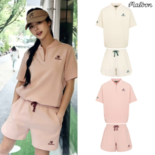 韩国高尔夫服装MALBON女运动休闲套装半拉链短袖松紧腰短裤直筒裤