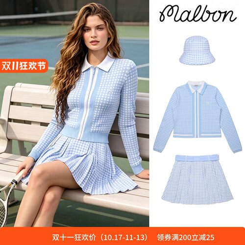 MALBON高尔夫女蓝格外套短裙套装